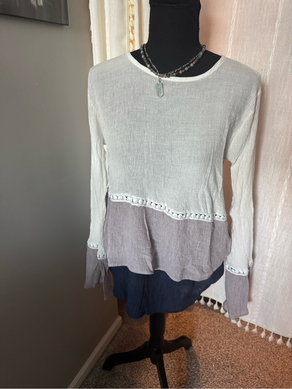 Cream, Lavender, & Navy Layered Long-Sleeve Flowy Tunic